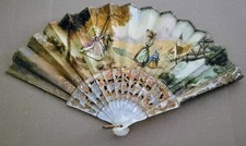Victorian Hand Fan Signed Alvaro Miralles Courtship, Ladies  Landscape 2 Sides