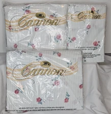 Vintage Cannon Queen Sheet Set Of 3 Pink Rose Striped Poly Cotton New