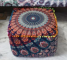 Multi Peacock Print 18" Square Ottoman Pouf Cover Footstool Home Decorative Case