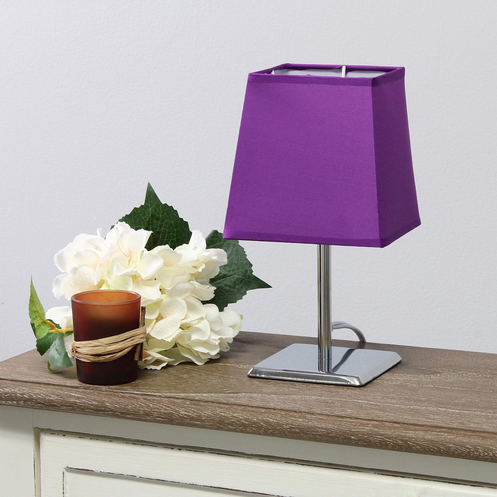 LT2062-PRP Mini Chrome Squared Empire Fabric Shade Table Lamp, Purple