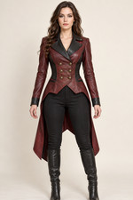 Womens Burgundy Steampunk Tailcoat Victorian Gothic High Low Coat Black Trim