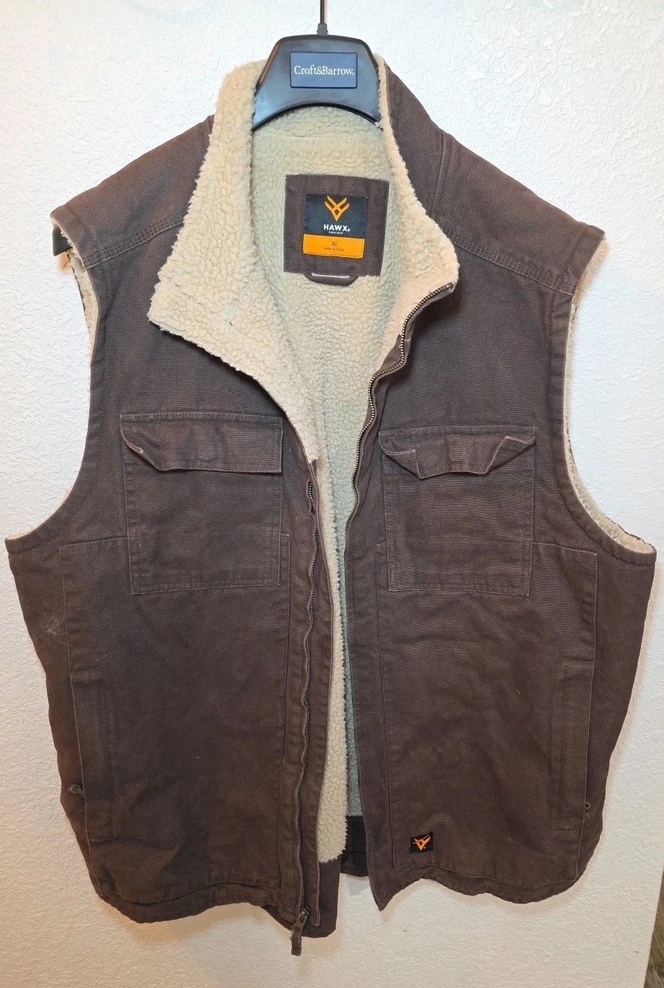Hawx Vest Mens XL Brown Canvas Sherpa Fleece Lined Work Gear Utility Full Zip Up