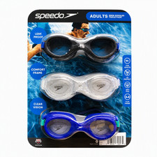 SPEEDO 3 Pack Comfort Adult Swim Goggles Anti Fog Leak Proof Blue / Gray / Clear