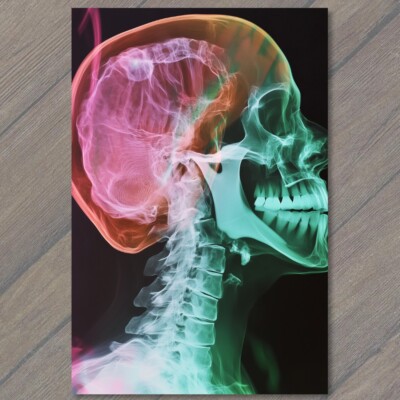 POSTCARD X-Ray Skull Side View Bright Neon Colors Stunning Medical Girl Woman