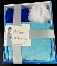 New Spa Essentials Plush Towel Wrap/ Hair Towel Twist/ Loofah GIFT BOX SET Blue