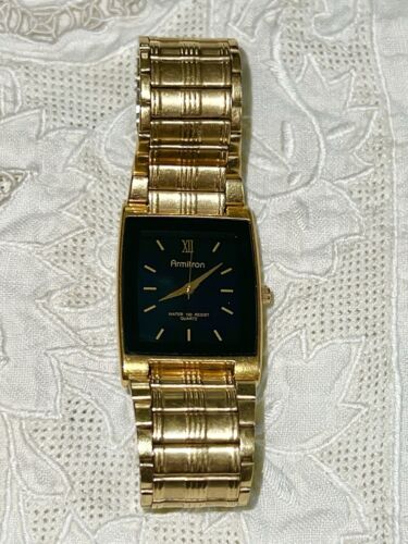 Vintage Armitron Quartz Watch Men Gold Stainless Steel w/ Black Dial 20/1576