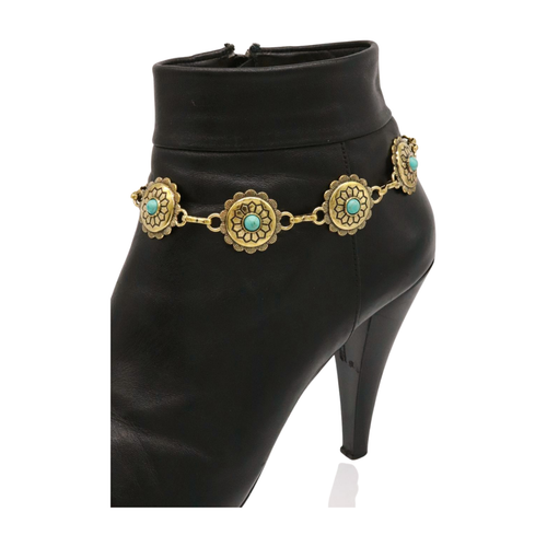 Women Gold Metal Chain Boot Bracelet PAIR Turquoise Blue Flower Charm HANDMADE - Picture 4 of 24