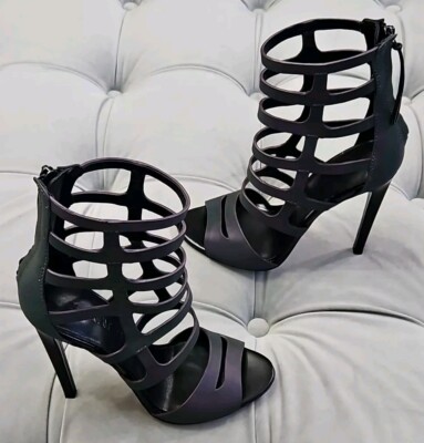 L.A.M.B. Iridescent Purple Leather Zip Caged Stilletos Heels Womens Shoes 5.5
