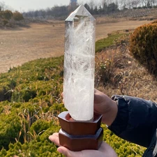 3.23LB Natural Clear Quartz Obelisk Crystal reiki Tower Wand Point Healing+stnad