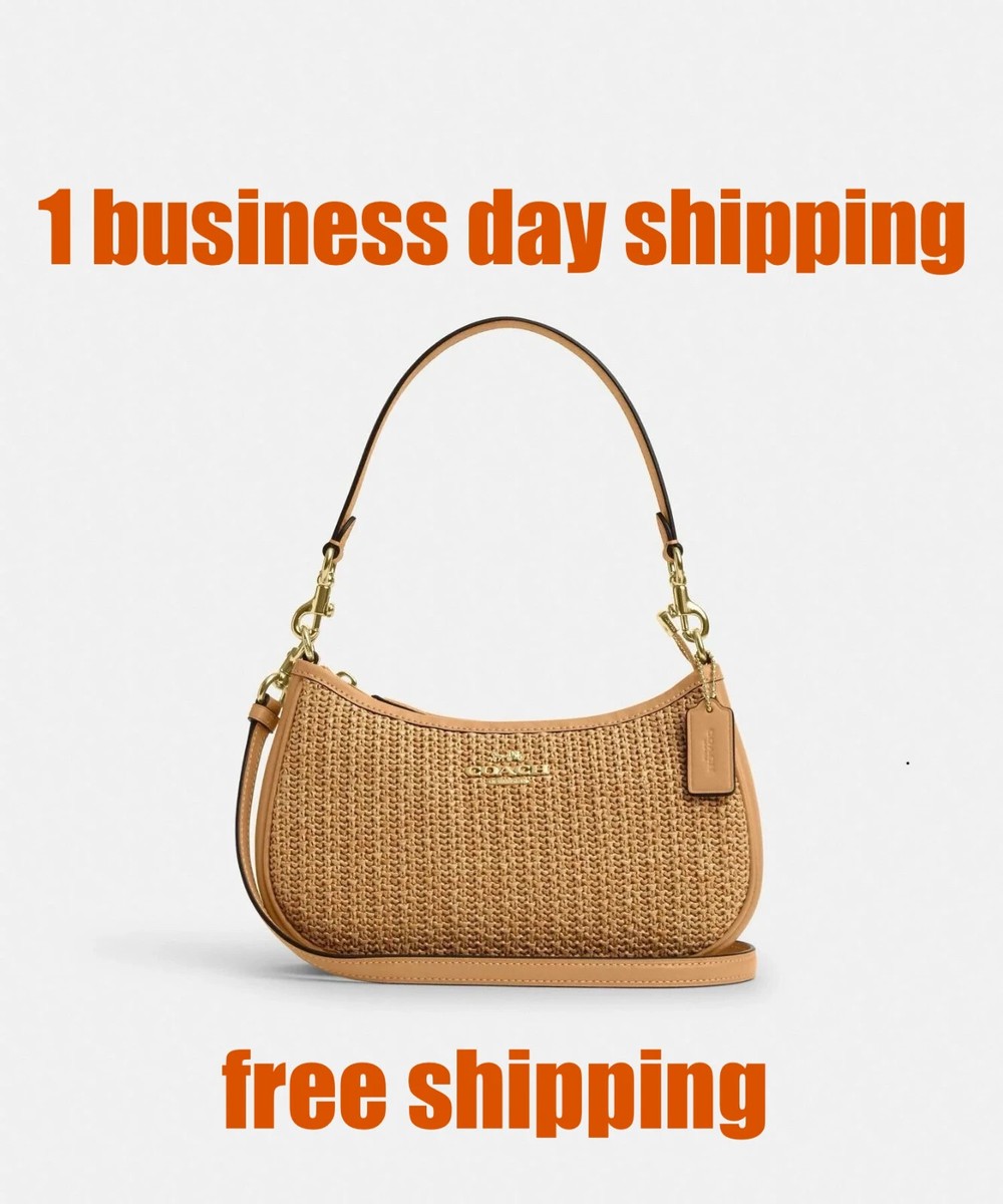 COACH Teri 2way Shoulder Bag Crossbody Straw Smooth Leather Latte  