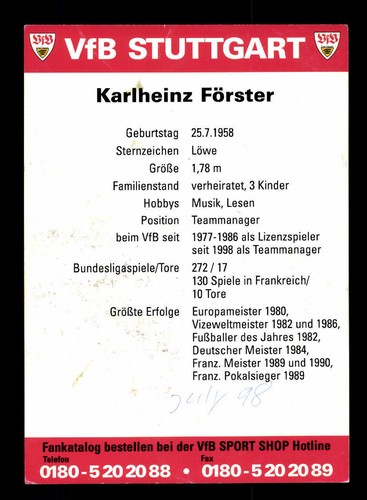 Karl Heinz Förster Autogrammkarte VFB Stuttgart 1998-99 Original Sign+A 129469 - Picture 2 of 2