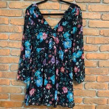 Express Women's Floral Print Chiffon V-Neck Ruffle Trim Mini Dress Black Size 0