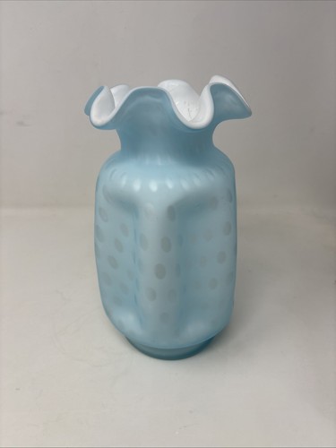 Fenton Glass Satin Powder Blue Optic Dot Cased Pinch Vase 8" Fenton Vase