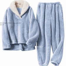 New Women Fluffy Pajamas Set Soft Comfy Fleece Sleepwear Winter Fuzzy Loungewear