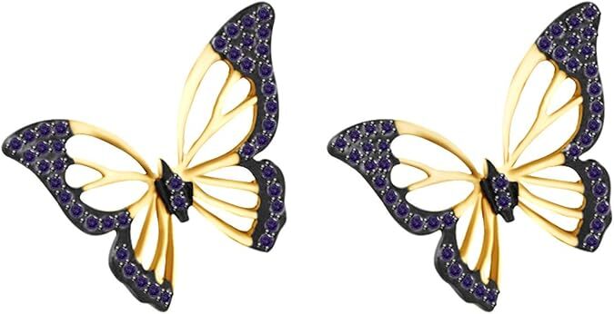 Butterfly Stud Earrings with Yellow Simulated Birthstone in Sterling Silver 925-image