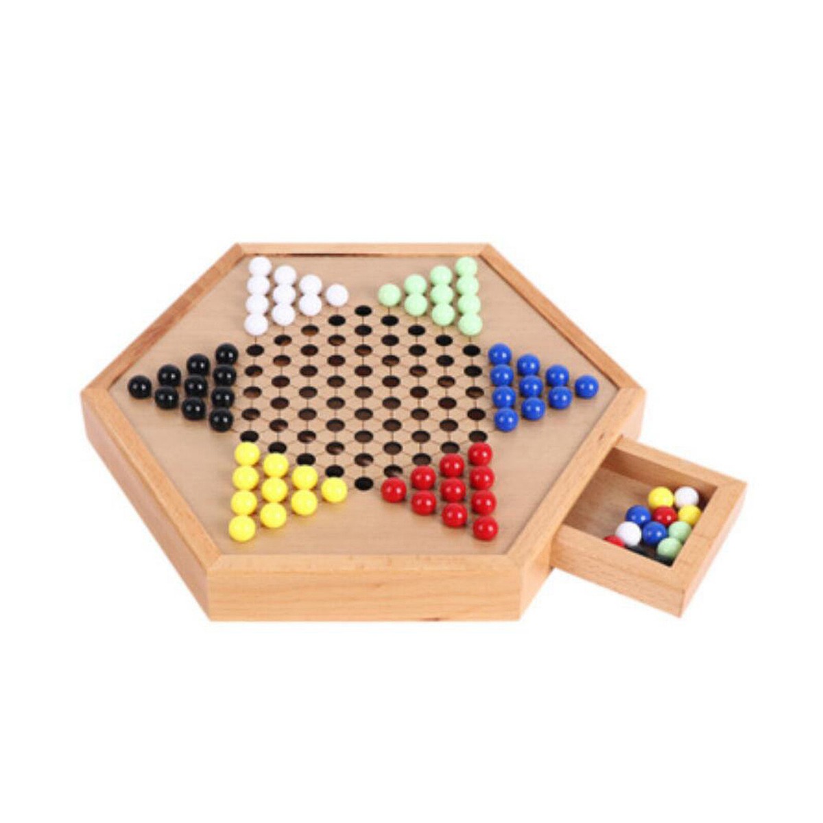 12.5" Wooden Chinese Checkers Set With Drawer - 60 Marbles, Family