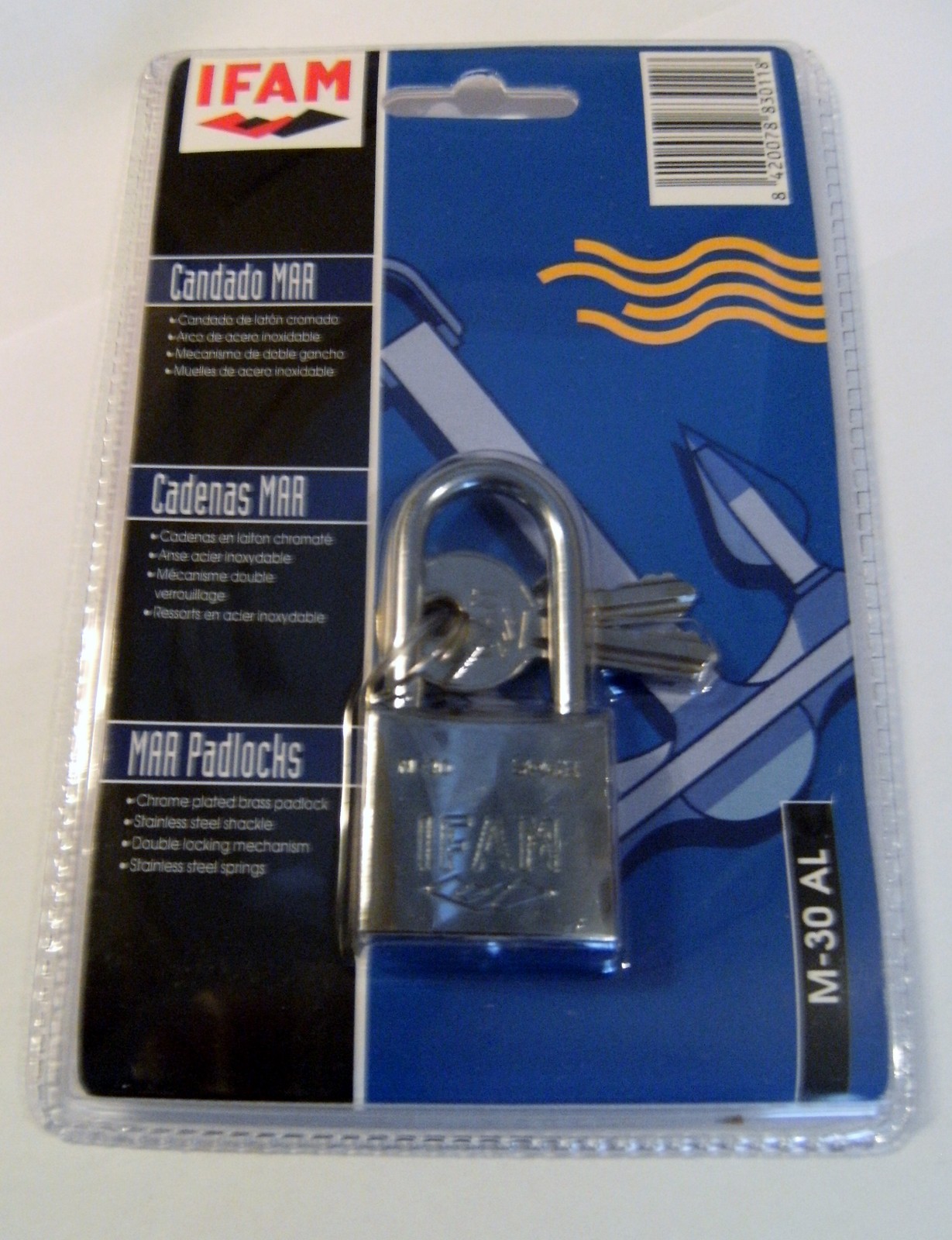 Marine Padlock 30mm Long Shackle Ifam Brand Salt Spray Tested 2 keys Clam Pack