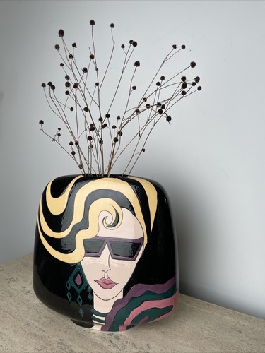 Postmodern Memphis Black Vase Colorful Woman Head Square Pop Neon 15" 1989 80's - Picture 7 of 11