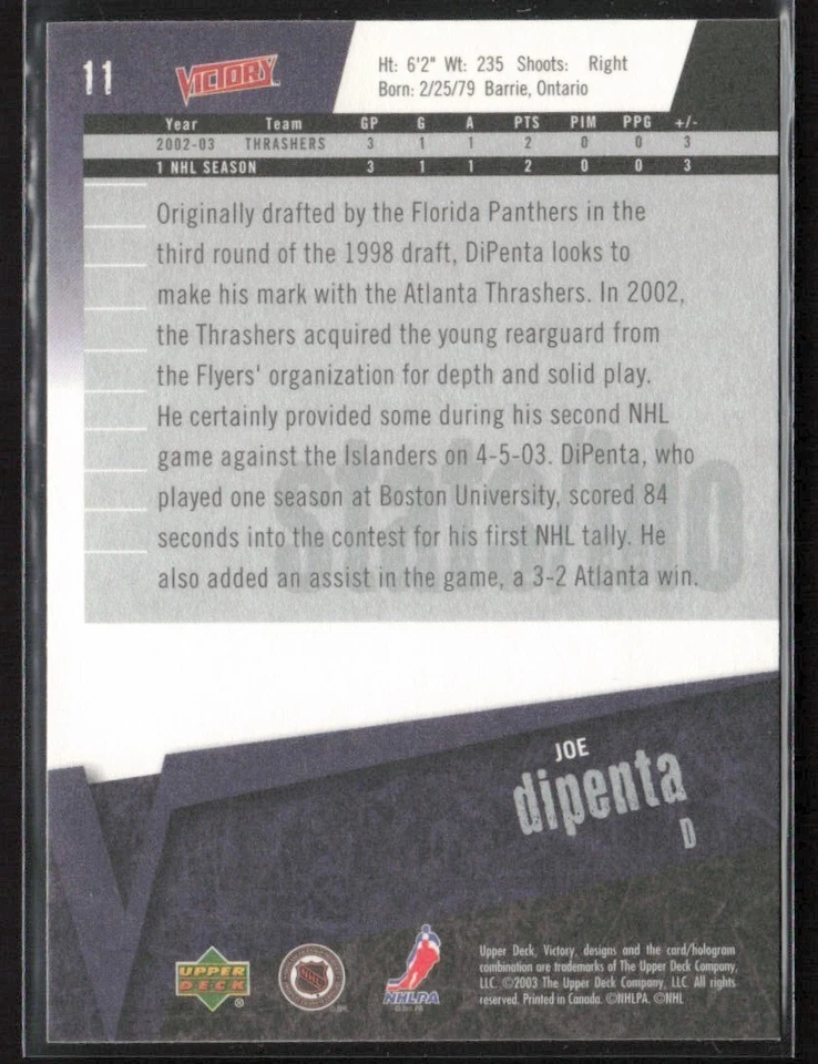 2003-04 Upper Deck Victory #11 Joe DiPenta Rookie Atlanta Thrashers - Image 2 of 2