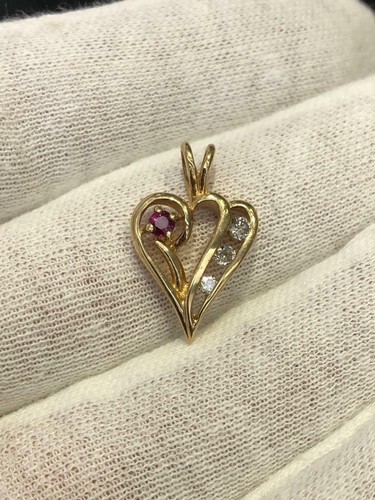 14k Oro Giallo Originale Diamanti & Rosso Rubino S Astratto Cuore Aperto - Foto 10 di 10