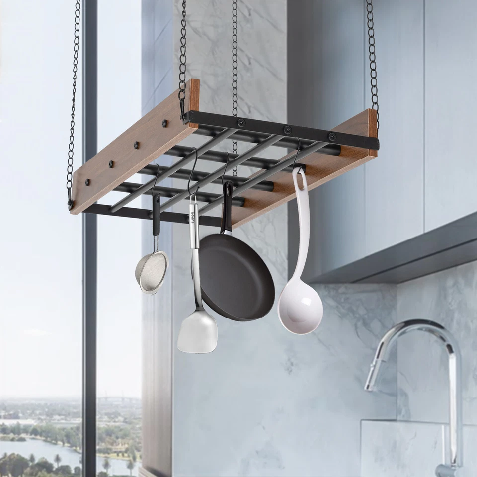 Black and Brown Ceiling Mounted Pot Rack Hanging Pots and Pans Organizer w/Hooks - Image 3 of 4