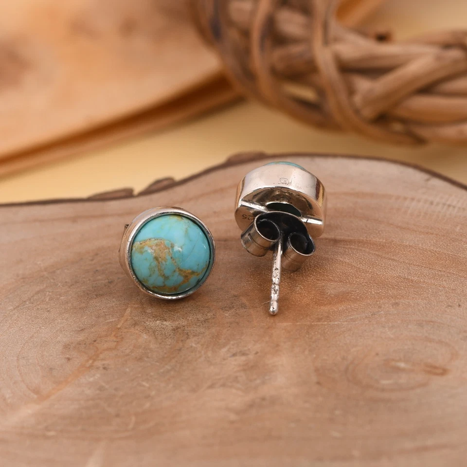 Cute Delicate Kingman Turquoise Stud Earring 925 Silver Birthday Gift For Sister - Image 4 of 4