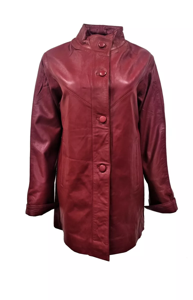 Women s Retro Red Vintage Classic A line Leather Swing Coat