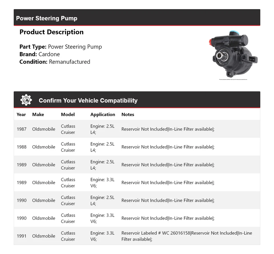 Bomba de dirección asistida Cardone 1988 1989 para Oldsmobile Cutlass Cruiser 1987-1991 Foto 2 de 4