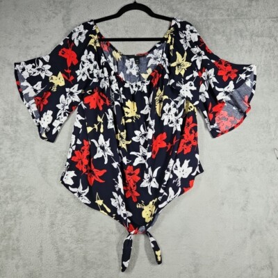 Lane Bryant Blouse NWOT Floral on Black 3/4 Bell Slv Top Tie Bottom Plus 18/20