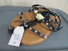 New Time and Tru Studded Gladiator Sandals Size 9 Black Brown Straps Flat Studs