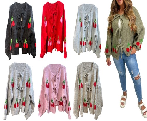 Ladies Cherry Print Tie Front Fashion Cardigan Knitted Jumper Top 8-14 - 第 1/8 張圖片