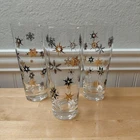 VINTAGE Federal Glass ATOMIC Snowflake TALL Highball GLASSES Set of 3 Gold Black
