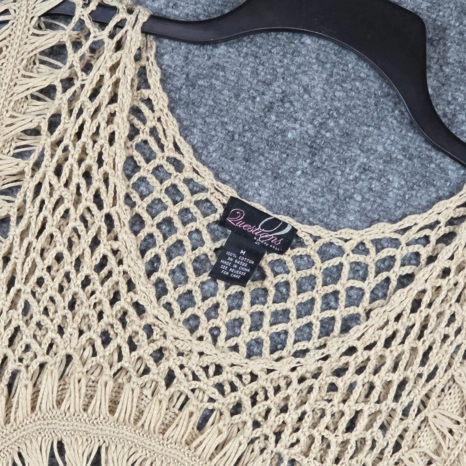 Questions Women M Poncho Top Beige Crochet Fringe 100% Cotton Boho Coverup
Opens in a new window or
