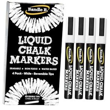 Chalk Markers - 4 White, Erasable, Non-Toxic, Water-Based, Reversible 4 Pack