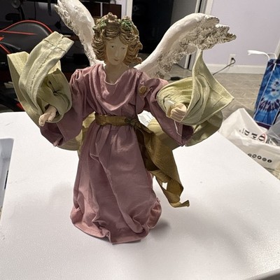 Angel Christmas Figurine Fabric Pink Dress White Wings Gold Sash 3D Effect