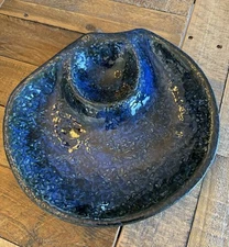 Vtg Signed Pottery Chip & Dip Platter Blue Gloss Glaze 10.5” 1.9lbs