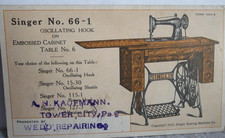 EARLY 1900'S Trade Card SINGER No. 66-1 Sewing Machine Kaufmann Tower City, Pa