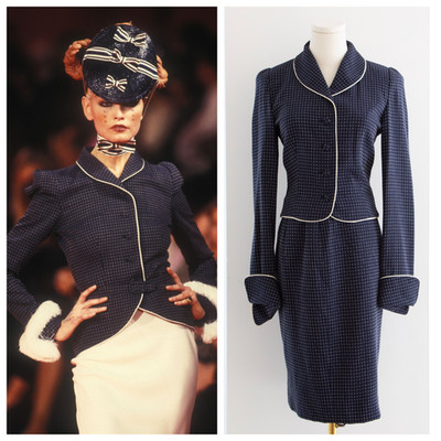 Givenchy Couture by John Galliano S/S 1997 Navy White Dotted Jacket & Skirt Suit