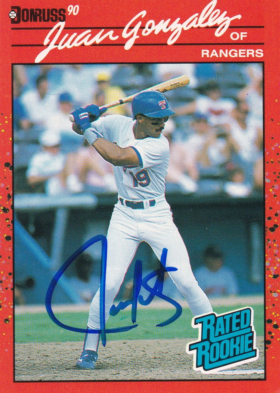 Juan Gonzalez 2x AL MVP, 434 HR 1990 Donruss Rangers SIGNED AUTOGRAPH CARD