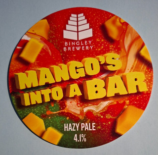 BINGLEY brewery MANGO'S INTO A BAR real ale beer pump clip badge front Yorkshire
