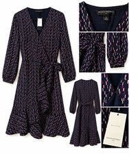 Banana Republic Women s 12 Navy Pink White Geometric Wrap Dress V-Neck Tie