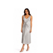 Banana Republic Silver Metallic Twist Front V-Neck Midi Dress Silver M 81-38