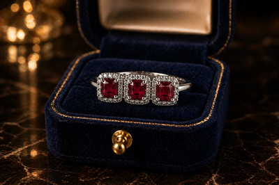 EDWARDIAN AGE TRILOGY RING IN 18 KT WEISSGOLD TIT. 750 MIT RUBINEN, BRILLANTEN
