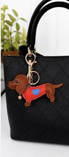 Brown Dachshund Dog Keychain PU Leather Red Heart Purse Bag Charm Gold Tone Ring