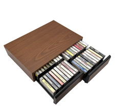 Faux Wood 40 Cassette Holder Storage Case 2 Sliding Drawers w/Various Tapes