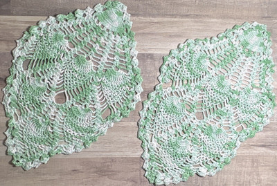 Handmade Pair of Green and White Hand Crocheted Doilies Approx. 15'' x 10''