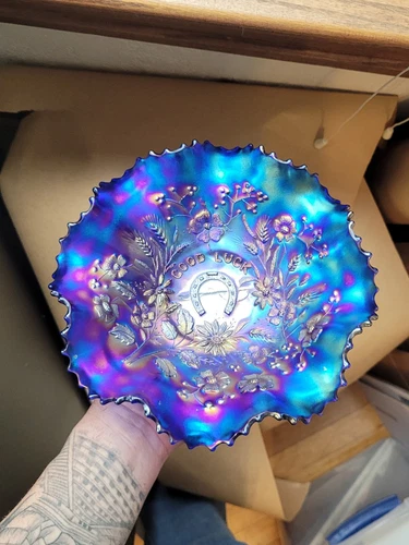 Pretty Blue Northwood Carnival Glass Good Luck Ruffled Bowl