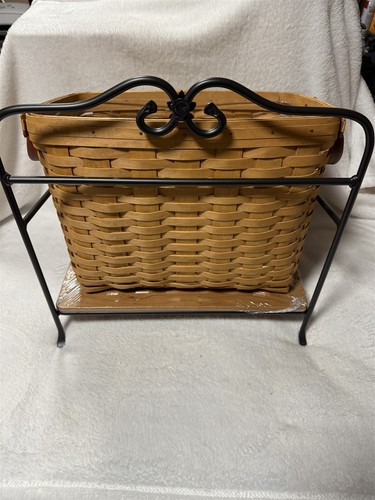 LONGABERGER NEWSPAPER MAGAZINE BASKET WITH WROUGHT IRON STAND LEATHER HANDLES - Picture 7 of 17