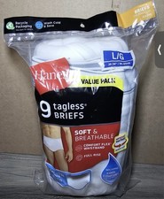 Hanes Mens Large 36-38" Tagless White Briefs Value Pack 9 Pairs New Unopened