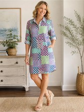 Talbots Womens approx. Size 14 Patchwork Floral Shirt Dress Cotton Button Front